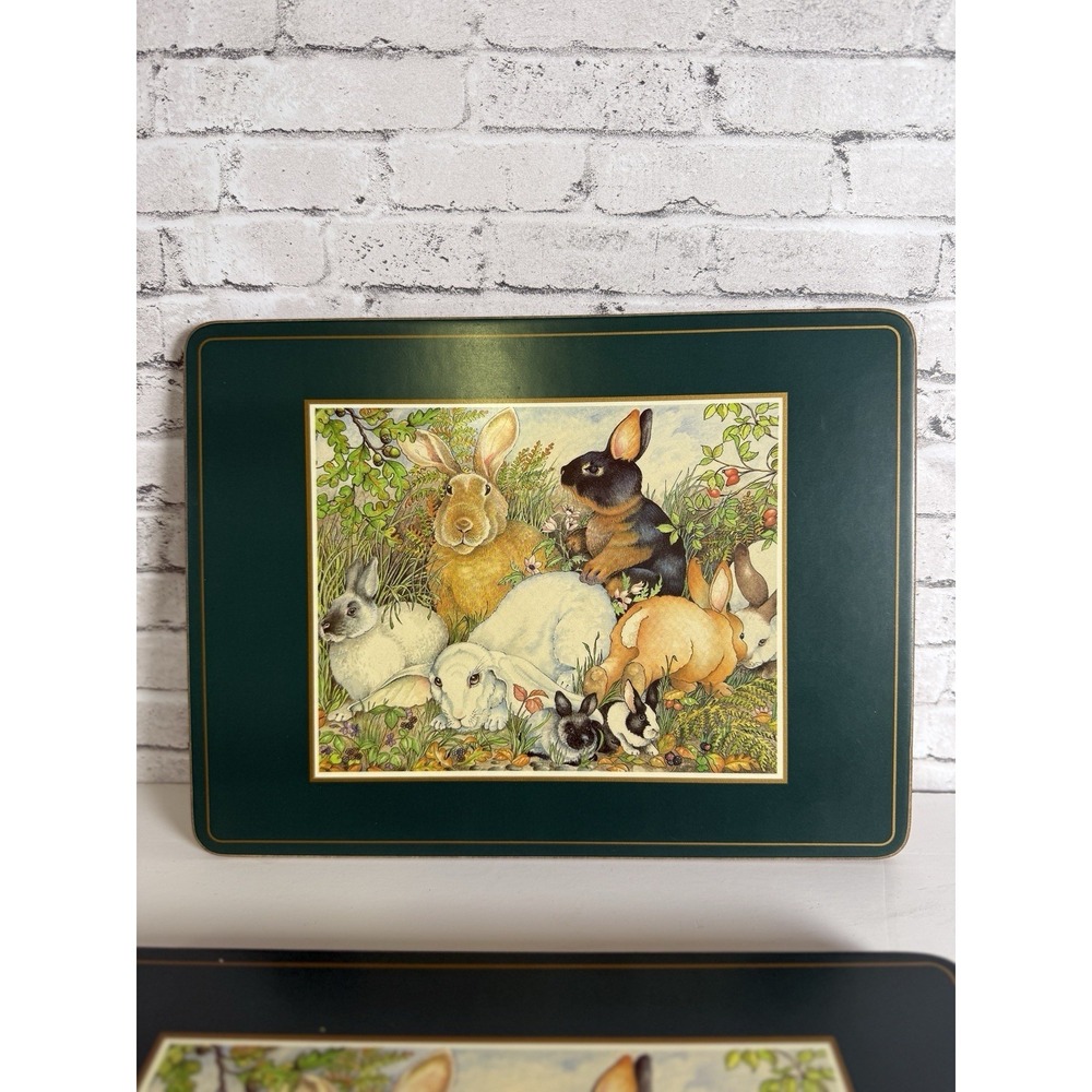 Pimpernel England Rabbit Garden Placemats Set of 6 Cork Back Green Bunny w/ Box